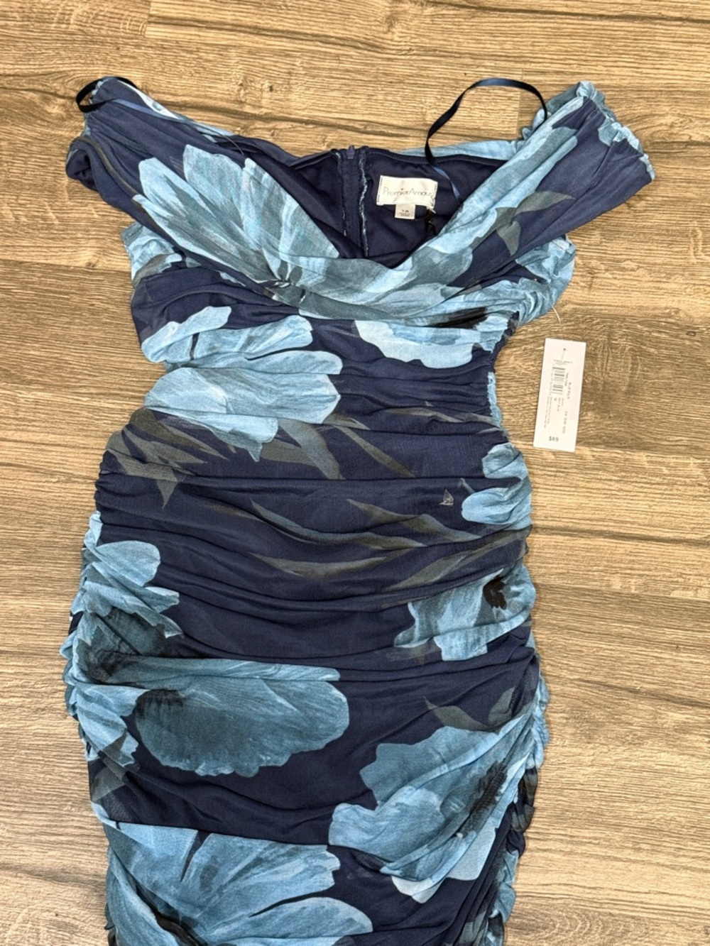 Premier Navy Blue One-Shoulder Floral Ruched Midi Dress - Picture 6 of 6